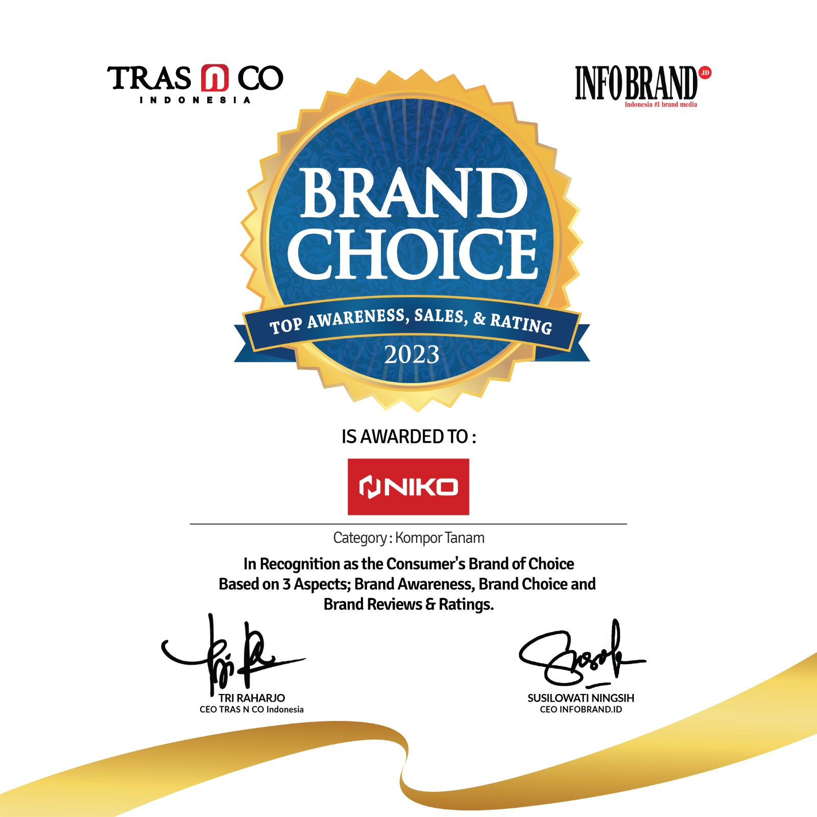 Niko Diganjar Brand Choice Award 2023 Untuk Kategori Kompor Tanam